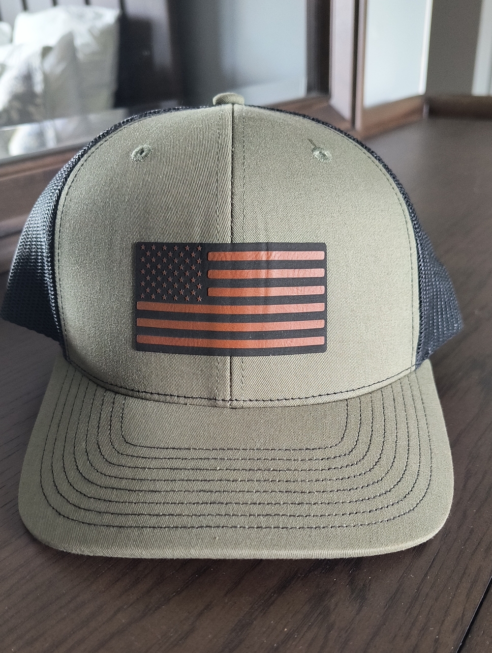 Men's Olive Green Trucker Hat with American Flag Patch